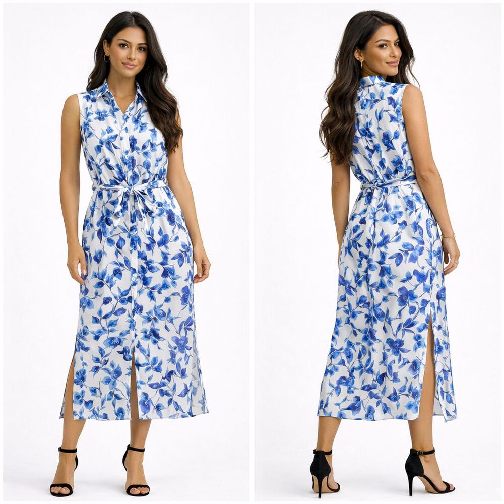 DKNY White Blue Floral Sleeveless Watercolor Waist Tie Slits Midi Dress Womens 4